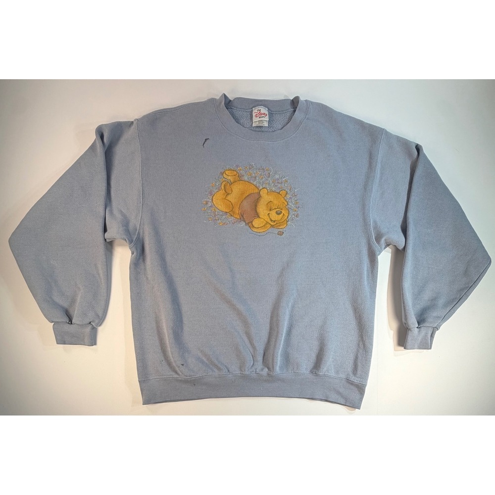 Vintage Disney Store Winnie Pooh Blue Sweatshirt Large Embroidered Graphic 90s